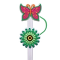 Pink and green butterfly with green flower straw cover cap for 8mm straws - Pink Green Butterfly Flower