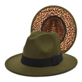 Detail of olive green fedora hat featuring black ribbon and stylish leopard print lining - M (56-58cm) / Army Green
