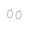 Detailed view of silver hoop earrings with white pearls in a minimalist metal frame - JQH0152-Silver Large Pearl Hoop