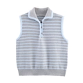 Chaleco de punto a rayas para mujer con cuello vuelto y botones marrones azul y gris - S / Rayas Gris Azul