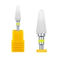 Dettaglio macro della punta per fresa unghie in ceramica bianca con base gialla fine - Stile Torcia ad Anello Giallo (OMTC01)