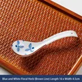Japanese style blue floral ceramic soup spoon with brown rim, size 16cm by 4.5cm - Blue White Grass-Brown Line