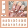 Long almond press-on nails with light pink marble design and sparkling rhinestone accents - Z888 Light Pink Wave (Glue Type)