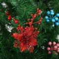 Close-up of red glitter flower and colorful berries hanging on a Christmas tree - Red