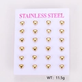 Set of 12 pairs of golden stainless steel heart stud earrings on a display card - Hollow Heart Design (AML03337) / 12 Pairs Set