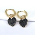 Elegant gold hoop earrings with black micro-pave heart pendants for women - Black