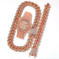 Luxury iced out hip hop jewelry set with rose gold rhinestone watch and cuban link necklace - Rose Gold Set