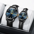 Detail of quartz couple watches with blue sunray dials and black leather straps - Black Strap Black Case Blue Dial