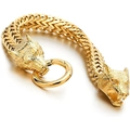 Close-up of golden Viking wolf head bracelet with heavy Franco link chain and ring clasp - Gold