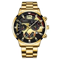 Detail of gold quartz watch with black multi-function dial and luminous mesh strap - Gold Steel Strap