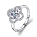 Silver four-leaf clover open ring with brilliant round moissanite and pave setting - 1-carat Lucky Clover Ring / Adjustable Open