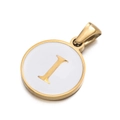 Round stainless steel alphabet charm with white enamel and golden letter I detail - Letter I