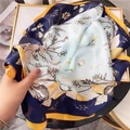 Navy blue silk-like square scarf featuring yellow borders and aquatic floral prints - Dark Blue Handkerchief With Floral Design / 65