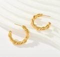 Detailed close-up of 18K gold-plated C-shaped hoop earrings with twisted spiral texture - Gold Spiral Texture C-Shaped (Style 6)
