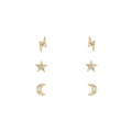 Gold plated star moon and lightning stud earrings set with sparkling zircon stones - Star Moon Lightning 3 Pairs Set-Gold