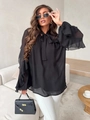 Blusa negra de gasa para mujer con mangas acampanadas con volantes y lazo en el cuello - S / Negro