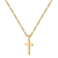 Detail of a polished golden double cross pendant with a classic Figaro chain necklace - Single Layer 3:1 Figaro Chain / Gold