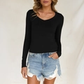 Top aderente nero a maniche lunghe con scollo a V per donna in tessuto elastico casual - XS / Nero