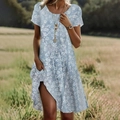 Détail d'une robe d'été bleu clair à imprimé floral blanc et coupe ample en ligne A - Bleu clair