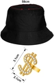 Detail view of a black cotton bucket hat with a gold dollar sign ring and size labels - Black Bucket Hat