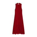 Elegant sleeveless red velvet midi dress with a slim fit and sophisticated high neckline - S / Red