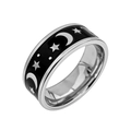 Macro shot of retro star and moon pattern with black enamel finish on steel ring - Moon & Stars/Size 7
