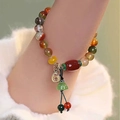 Elegant beaded agate bracelet with red barrel bead and green lotus pod charm on wrist - S151 - Colorful Natural Stone Lotus Seed Bracelet #sz447