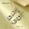 Minimalist irregular fluid drop earrings in bright silver finish with size dimensions - Steel Bean