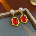 Vintage style gold-tone earrings with oval red resin stone and white pearl stud - Silver Earring Post Red Resin Pearl Stud Earrings