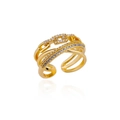 Adjustable golden layered ring featuring chain links and sparkling zircon stones - Adjustable Open / Gold Cross Chain Style (G3014461)
