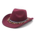 Detail of burgundy wool felt jazz hat featuring ethnic woven band and colorful wooden beads - M (56-58cm) / Burgundy
