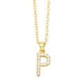 Detail of a gold letter P necklace pendant featuring white round pearls on a metal chain - Gold Letter P