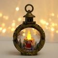 Retro bronze LED Christmas lantern with Santa Claus illustration and warm glowing candle - Santa Claus / Antique Gold