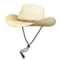 Beigefarbener Western-Strohhut mit breiter Krempe, Zierperlen und verstellbarem Kinnband - M (56-58cm) / Beige