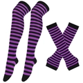 Set of purple and black striped over-knee socks with matching long fingerless gloves - One Size / Black and Purple Red Stripes