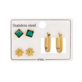 3-pair set of gold stainless steel earrings featuring green gems and flower studs - Green Gem Square Flower U-Hoop Set(款4)