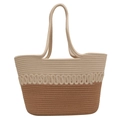 Two-tone woven tote bag in beige and dark brown with long braided shoulder handles - Large / Khaki