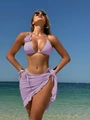 Detail of lavender bikini top with 3D flower strap and ruffled mesh beach skirt - S / Light Purple