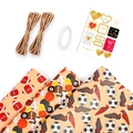 Kit d'emballage cadeau sport orange avec motifs football, ficelle et autocollants dorés - Set de Papier Cadeau Et Accessoires Thème Sport
