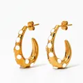 Minimalist gold-plated C-shaped hook earrings with white enamel polka dots for women - White Enamel Style (KDE2151)