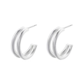 Detail of silver double-layered C-shaped stud earrings with a sleek metallic finish - C-Shape Hollow Style (VE1031) / White Gold