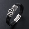 Pulsera para hombre de cuero trenzado negro con deslizador metálico y motivo de serpiente - Color Acero