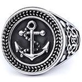 Vintage stainless steel anchor ring for men with embossed details and silver black finish - Retro Silver Black Anchor Style (18105)