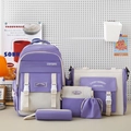 Vijfdelige paarse en beige schooltassenset met grote capaciteit en lucky-labels erop - Paars en Wit