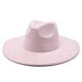 Detail of a pink suede wide-brim fedora hat with a teardrop crown and precise stitching - M (56-59cm) / Light Pink Suede