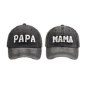 Close-up of PAPA and MAMA washed grey baseball caps with white plush letter patches - Black MAMA+PAPA