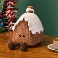 Detailed plush gingerbread house toy with white snow roof and festive embroidery - Gingerbread House with Legs