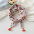 Floral cotton linen scarf in light grey-blue with red tassels and orange flower patterns - Striped Fine Branches Four-Leaf Blue (Fringe)