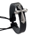 Men's vintage black braided leather bracelet featuring an antique silver metal cross - Cross Type A