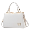 Elegant white Saffiano leather tote bag featuring a gold bow accent and wavy trim detail - White